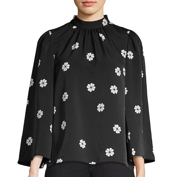 Kate Spade Black Floral Mock Neck Blouse Womens XL Puff Bell Sleeve Crepe Top - Picture 10 of 10